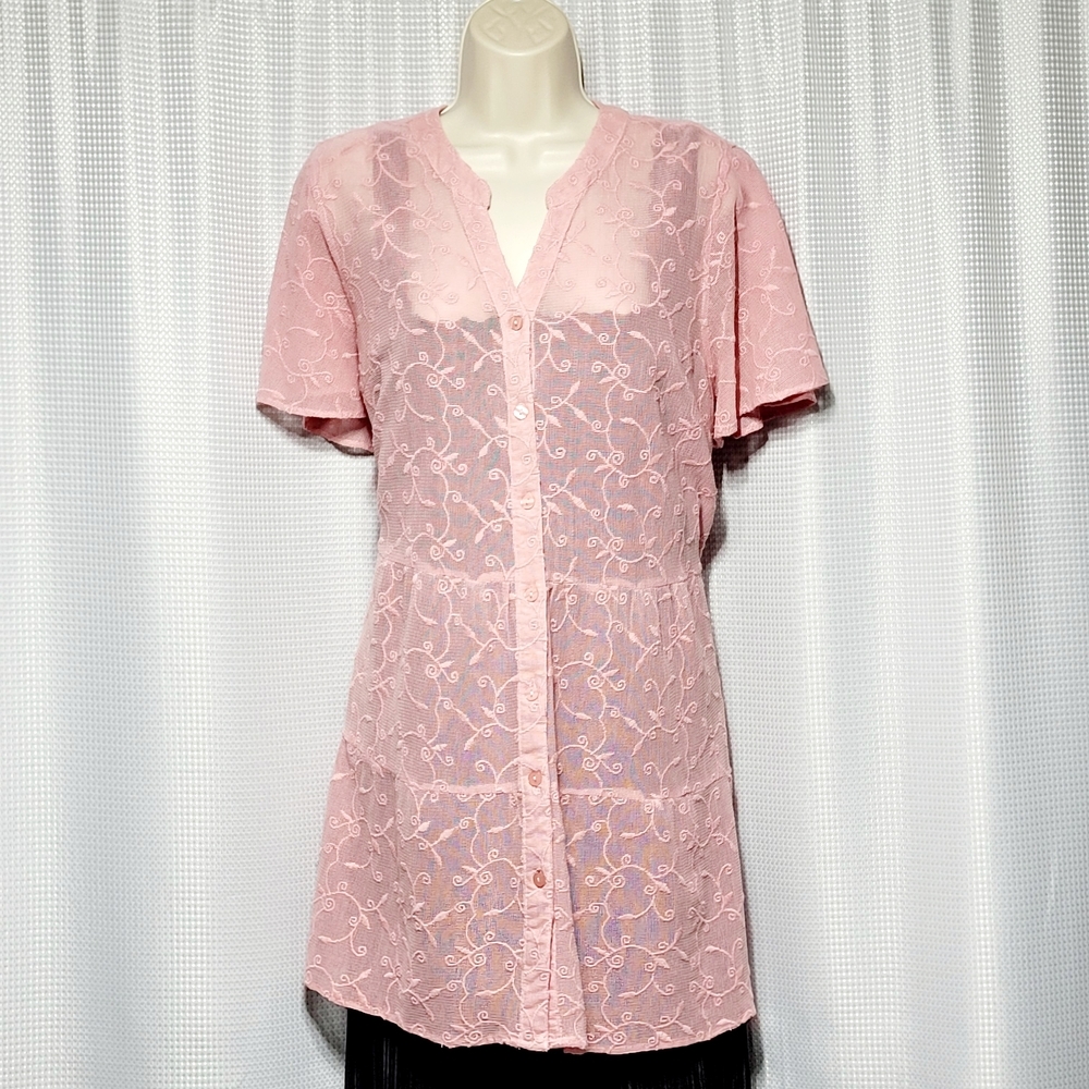 VTG Isaac Mizrah Fairycore Pink Lacy Embroidered Short Sleeve Blouse Women's (M)